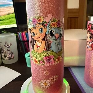 Pink Glitter Tumbler with Cartoon Design